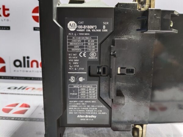 Allen Bradley 100-B180N*3 Contactor with Auxiliary Contact Block 195-GA10