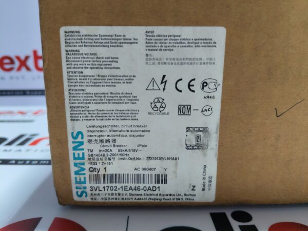 Siemens 3VL1702-1EA46-0AD1 Circuit Breaker VL160X N 4-Pole 20A