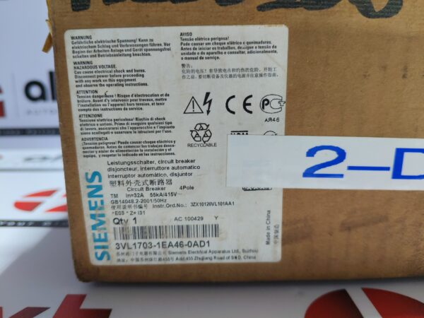 Siemens 3VL1703-1EA46-0AD1 Circuit Breaker VL160X N 4-Pole 32A