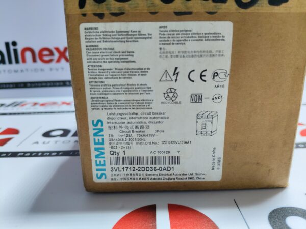 Siemens 3VL1712-2DD36-0AD1 Circuit Breaker VL160X H 3-Pole 125A