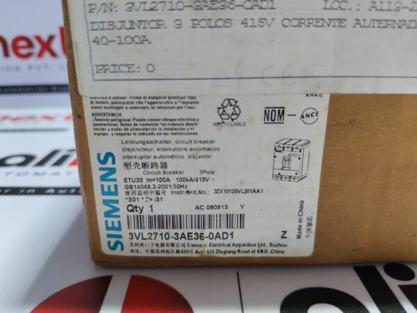 Siemens 3VL2710-3AE36-0AD1 Circuit Breaker VL160L 3-Pole 100A