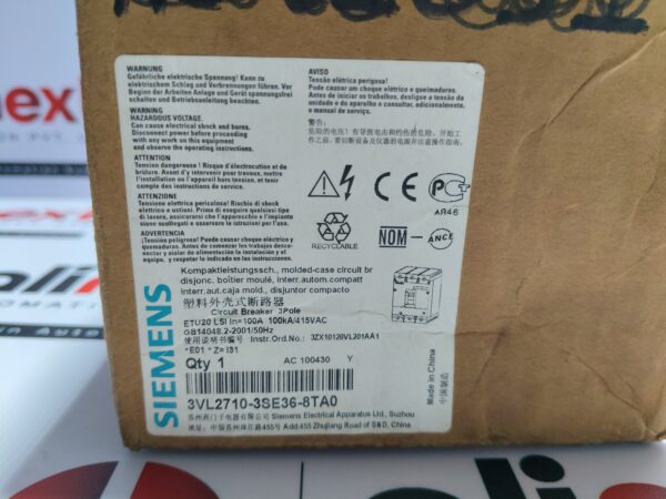 Siemens 3VL2710-3SE36-8TA0 Circuit Breaker VL160L 3-Pole 100A