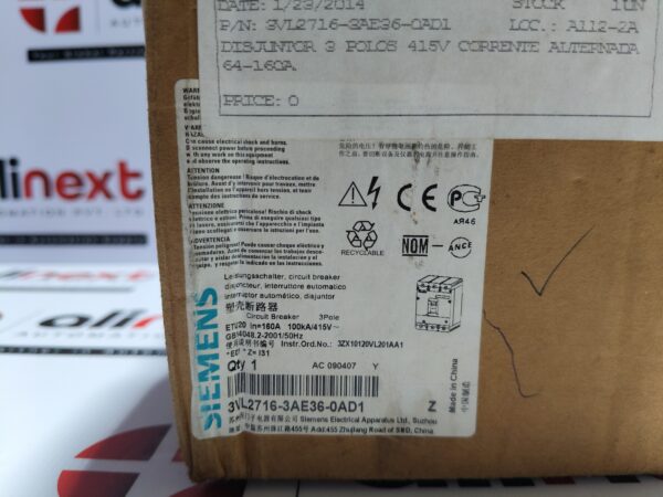 Siemens 3VL2716-3AE36-0AD1 Circuit Breaker VL160L 3-Pole 160A