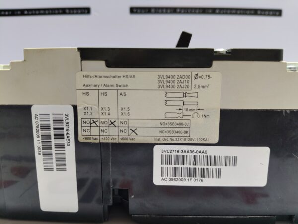 Siemens 3VL2716-3AE36-0AD1 Circuit Breaker VL160L 3-Pole 160A