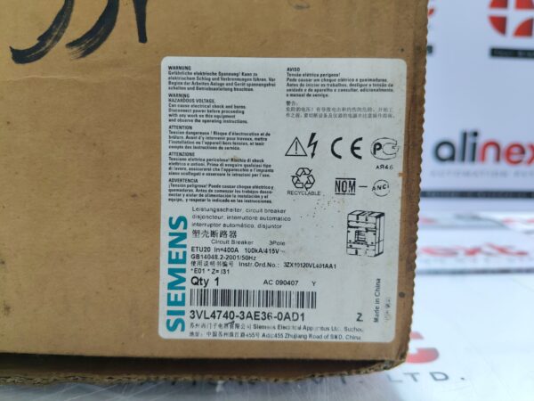 Siemens 3VL4740-3AE36-0AD1 Circuit Breaker VL400L 3-Pole 100A
