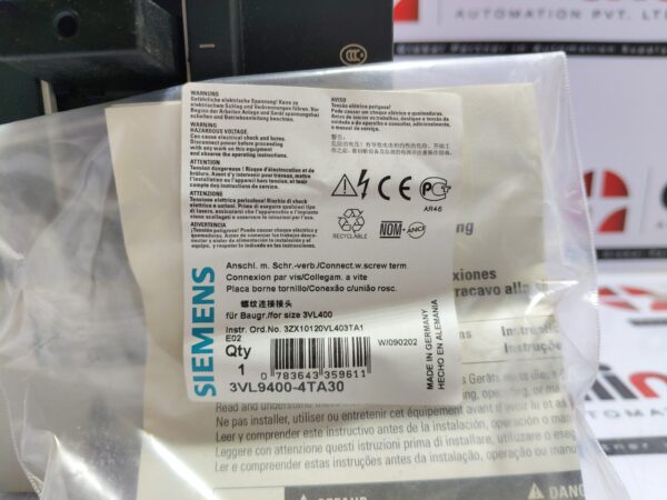 Siemens 3VL4740-3AE36-0AD1 Circuit Breaker VL400L 3-Pole 100A