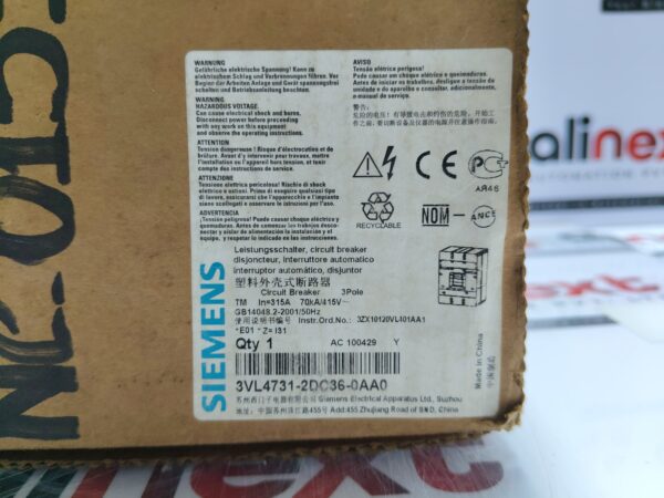 Siemens 3VL4731-2DC36-0AA0 Circuit Breaker VL400H 250A