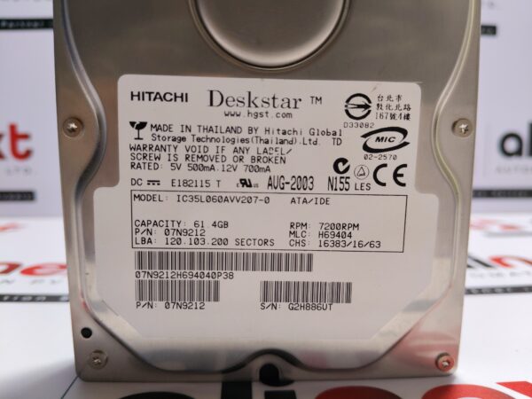 Hitachi IC35L060AVV207-0 Hard Drive 60GB P/N 07N9212