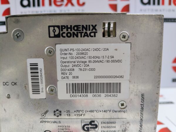 Phoenix Contact 2938620 QUINT-PS-100-240AC24DC20A Power Supply Unit