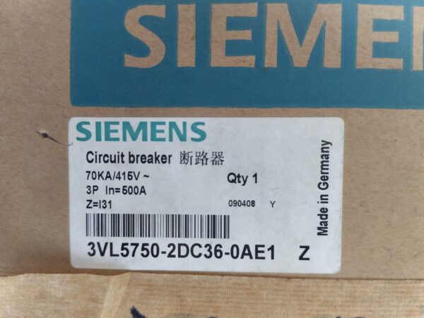 Siemens VL 630H circuit breaker 3VL5750-2DC36-0AE1 | 70KA | 500A | 415V | 3P