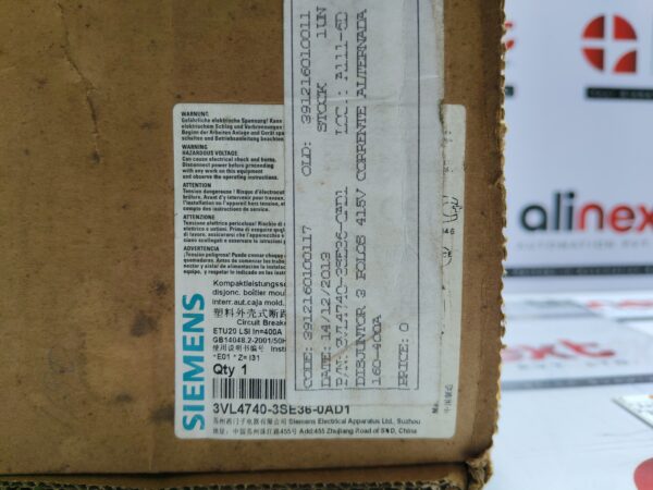 Siemens VL400L circuit breaker 3VL4740-3SE36-0AD1 | 400A 3Pole 415VAC
