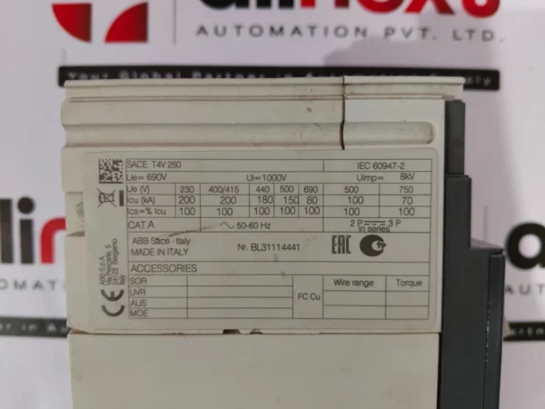 ABB SACE Tmax T4V 250 moulded case circuit breake 690V AC, 750V DC 1000V 8kV