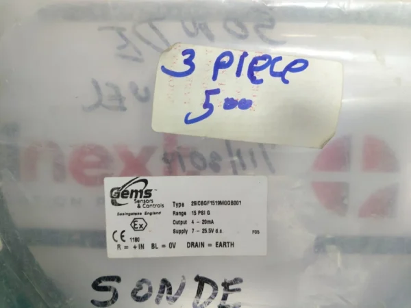 Gems Sensors 26ICBGF1519MGGB001 pressure transmitter 15 PSI G 4-20mA 7-25Vdc