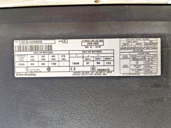 Allen-Bradley 150-B180NBD SMC Dialog Plus Smart Motor Controller 208-480VAC 47-63Hz