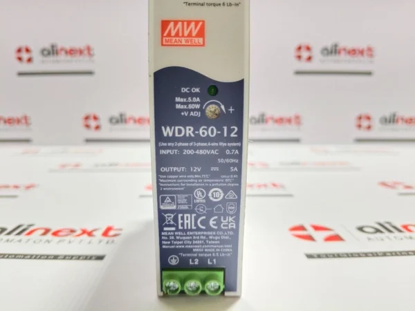 Mean Well WDR-60-12 DIN Rail Power Supply 200–480VAC 12V DC, 5A