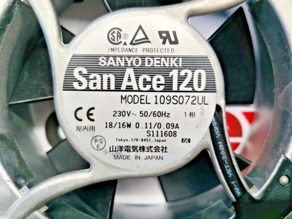 Sanyo Denki San Ace 120 109S072UL cooling fan 230V 50/60Hz 18/16W 0.11/0.09A