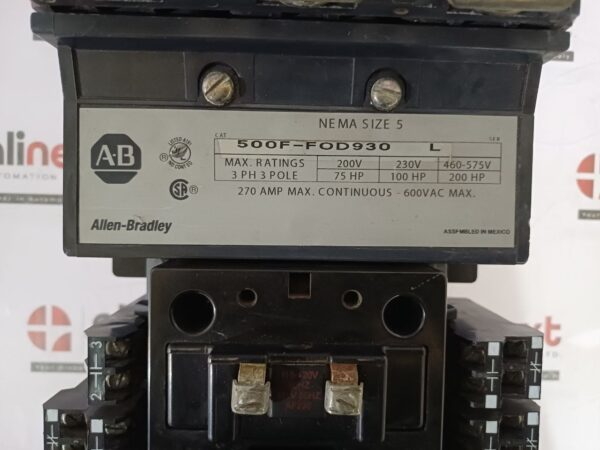 Allen-Bradley 500F-FOD930 L, 3-Pole, NEMA Size 5 motor starter contactor