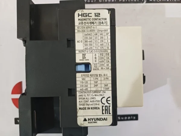 Hyundai Electric HGC-12 Magnetic Contactor 3-Pole 25A IEC EN 60947-4-1