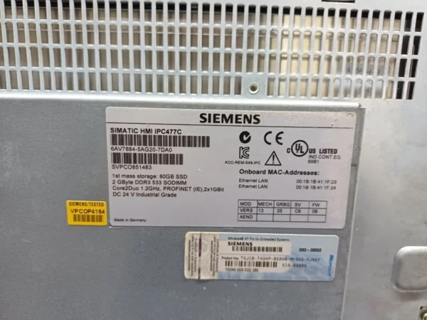 Siemens SIMATIC HMI IPC477C Panel PC 6AV7884-5AG20-7DA0 Monitoring Alarm