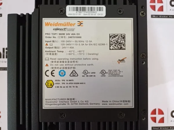 Weidmüller Connect Power PRO TOP1 960W 24V 40A EX DIN Rail Power Supply